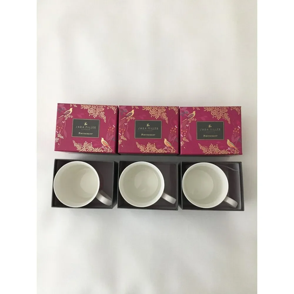Sara Miller London Portmeirion Chelsea Pink Mugs 12 Oz Gold Set of 3 New Box